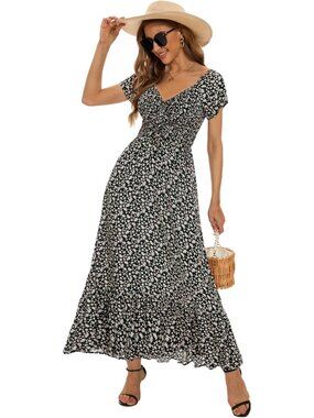 Women Black White Floral Smocked Maxi Boho Flowy Tiered A-Line Party Long Dress